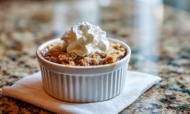 Reheated Homemade Apple Crisp with Whipped Cream on Top.