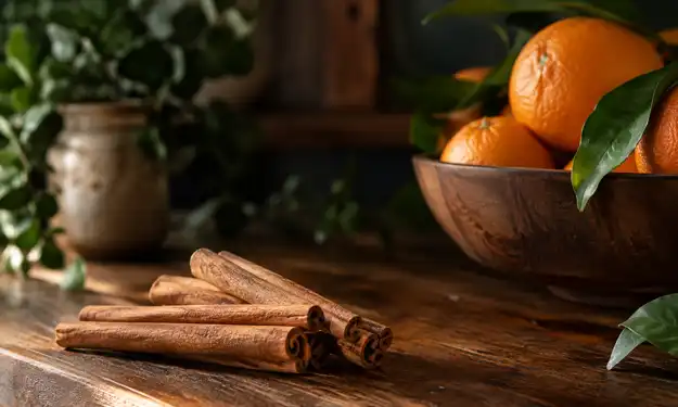 Ceylon Cinnamon Sticks and a Bowl of Oranges as the Image for Cinnamon Essential Oil: 3 Different Types and Differences