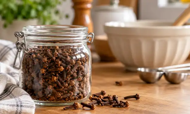 Clove Buds in a Jar on Kitchen Counter and Blurred Mixing Bowls in the Background