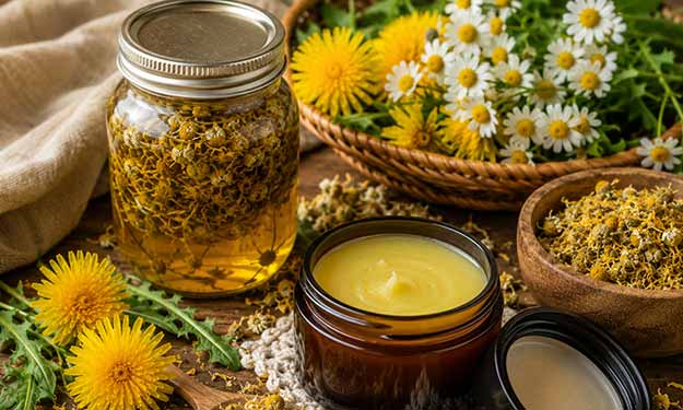 Loose Dandelion and Chamomile Flowers and a Jar of Salve