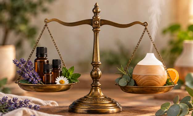 Vintage balance scale with essential oil bottles, herbs, and an essential oil diffuser.