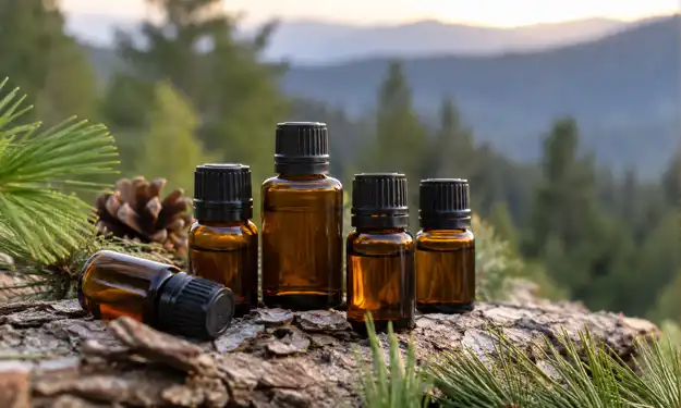 Amber essential oil bottles arranged on tree bark outdoors, with pine branches and softly blurred forest trees in the background. Image for an essential oil substitutes list.