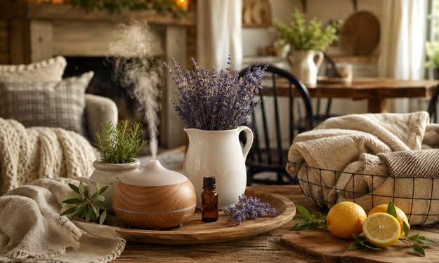Rustic Farmhouse Scene with Warm, Cozy, Welcoming Essential Oil Aromatherapy Scents