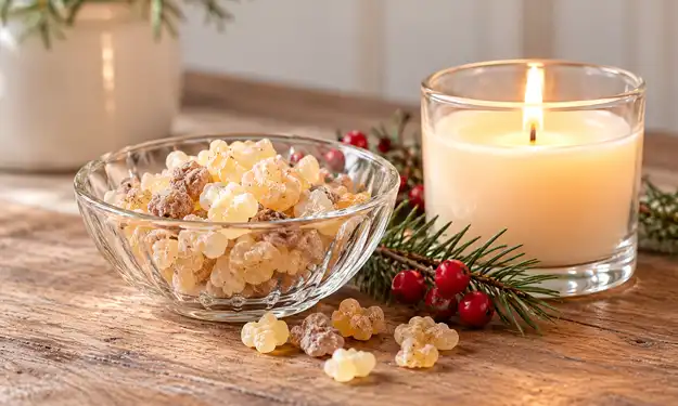 A Bowl of Frankincense, a Candle and Recipes Using Frankincense in Your Diffuser