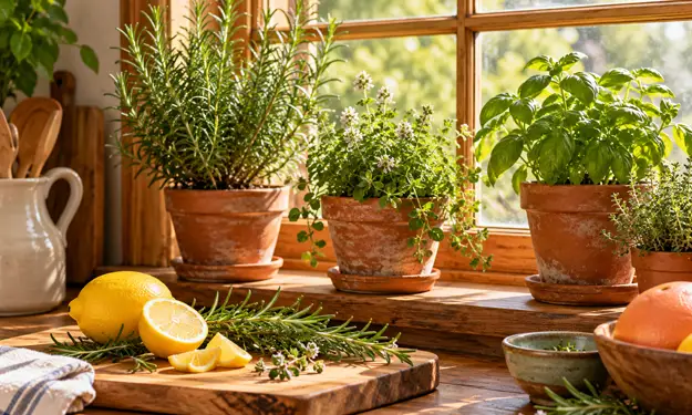 Herbs in Clay Pots in a Window and How You Can Create Herbal Kitchen Diffuser Blends