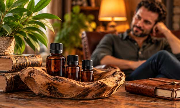 Blurred Image of a Man Sitting in a Chair and On the Table Are Amber Bottles of Masculine Essential Oil Blends
