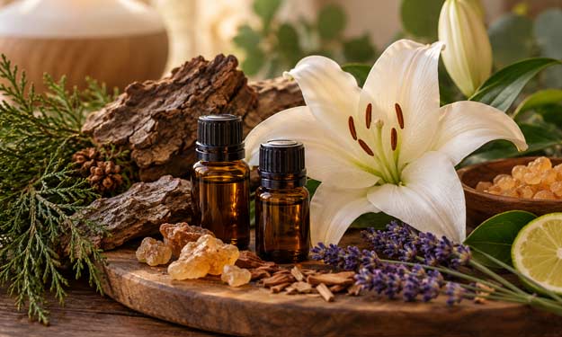 Oak, amber and lily inspired essential oil blends with cedarwood, rosewood, lavender and frankincense.