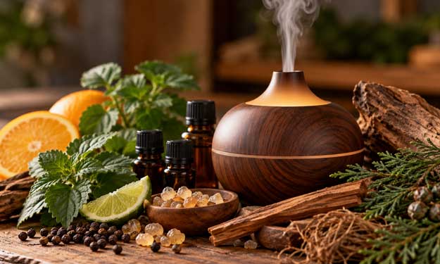 Wood grain essential oil diffuser with patchouli-inspired woods, citrus, herbs, and essential oil bottles.