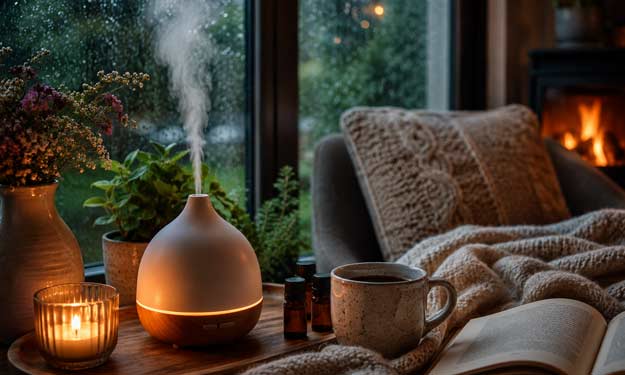 A Soft Candle, A diffuser, A Cozy Fire and Some Rainy Day Essential Oil Diffuser Blends