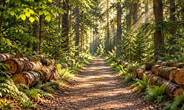 Pathway in the Woods with Cut Trees Lining the Pathway. Earthy & Woody Diffuser Blends.